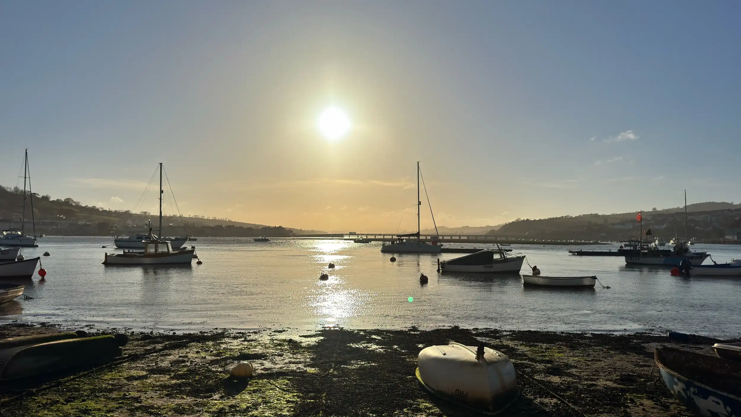 View of Shaldon Bridge in the distance, taken from the back beach, later evening, approaching sunset.