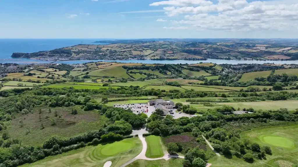 Aerial image of Teignmouth golf course with the town in the distance.